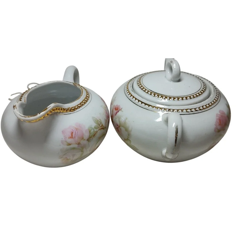 Antique PK Silesia Creamer and Covered Sugar Bowl Floral Rose Gold‎ Trim Poland
